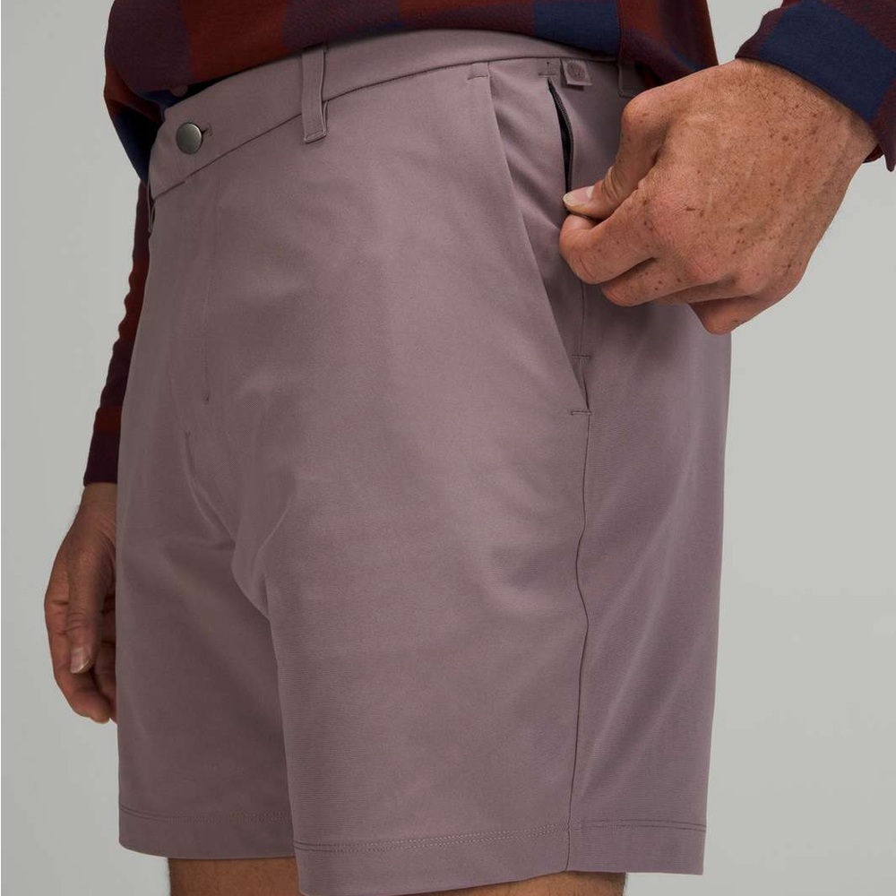lululemon Commission shorts feature a tailored fit in a mauve taupe color